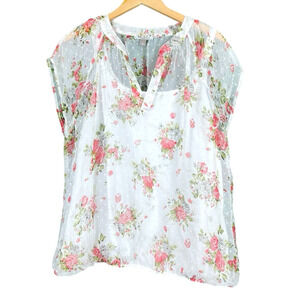 Roz and Ali Floral Blouse Size 1X White Swiss Dot Sheer w/ tank top attached